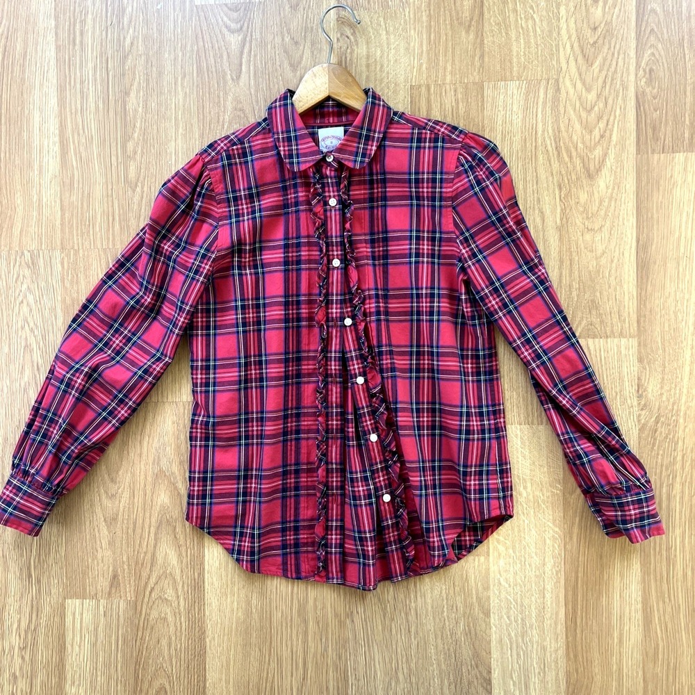 Brooks Brothers Womens Oxford Shirt Size 0 with Ruffle Red Plaid Twee Feminine